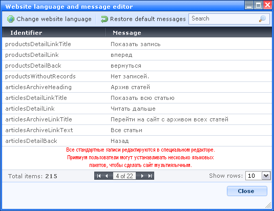 WebNode Language & Message editor